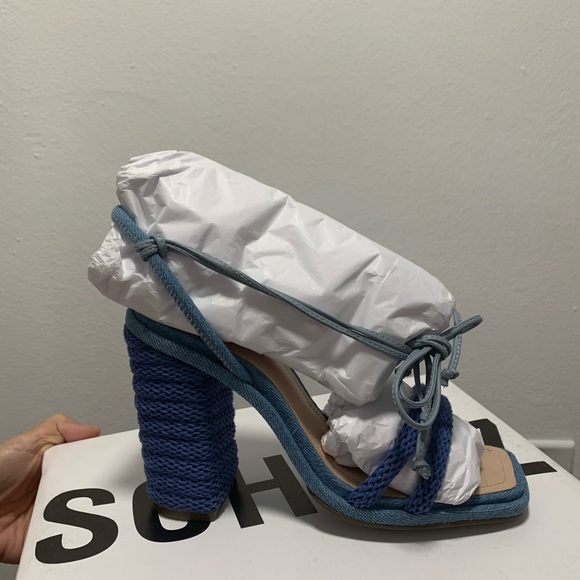 Schutz Leenah Denim Wraparound Lace Up Open Toe Block High Heel Sandals size 5 - Picture 5 of 8